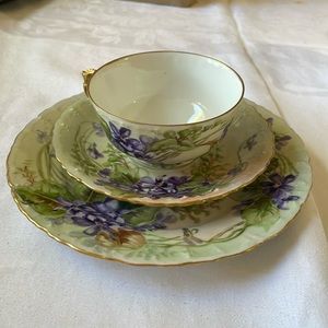 MZ Austria antique 3 pc set tea cup saucer & plate hand painted violets